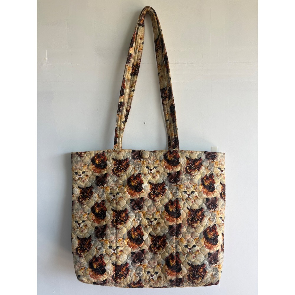Vintage 90's Cottagecore quilted handmade all over kitty cat print tote bag.